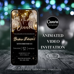 Editable Birthday Party Invitation Template Digital Black and Gold Birthday Dinner invite Instant Download Animated Video Invite Phone Evite