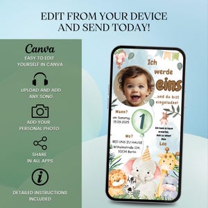 May include: A digital invitation for a first birthday party with a jungle theme. The invitation features a cartoon illustration of a baby with a green balloon that says "1" and a variety of jungle animals, including a lion, zebra, elephant, giraffe, and hippopotamus. The text on the invitation reads "Ich werde eins... und du bist eingeladen!" which translates to "I am turning one... and you are invited!" The invitation also includes details about the party, such as the date, time, and location.
