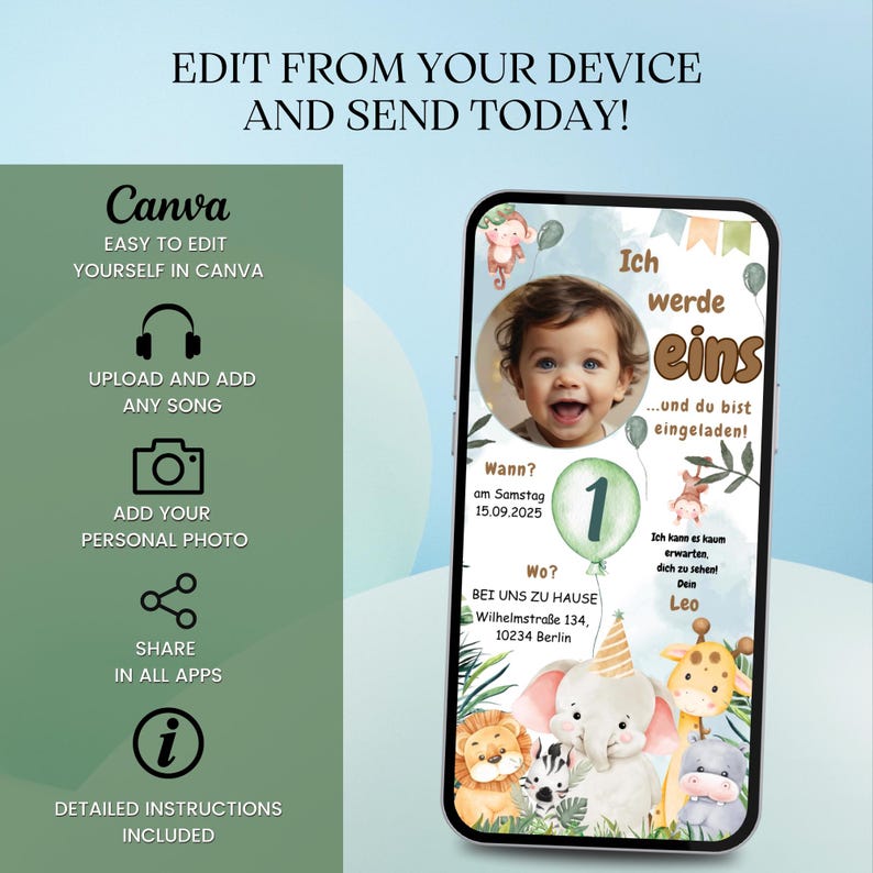 May include: A digital invitation for a first birthday party with a jungle theme. The invitation features a cartoon illustration of a baby with a green balloon that says "1" and a variety of jungle animals, including a lion, zebra, elephant, giraffe, and hippopotamus. The text on the invitation reads "Ich werde eins... und du bist eingeladen!" which translates to "I am turning one... and you are invited!" The invitation also includes details about the party, such as the date, time, and location.