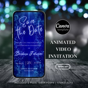 Plantilla de invitación de cumpleaños azul editable con reserva de fecha Descarga digital Plantilla de invitación de video animada Fiesta de cumpleaños 1