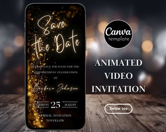Save the Date Gold and Black Animated Video Invitation Template for Birthday Party Save the Date Gold Neon Birthday Invitation Template 622