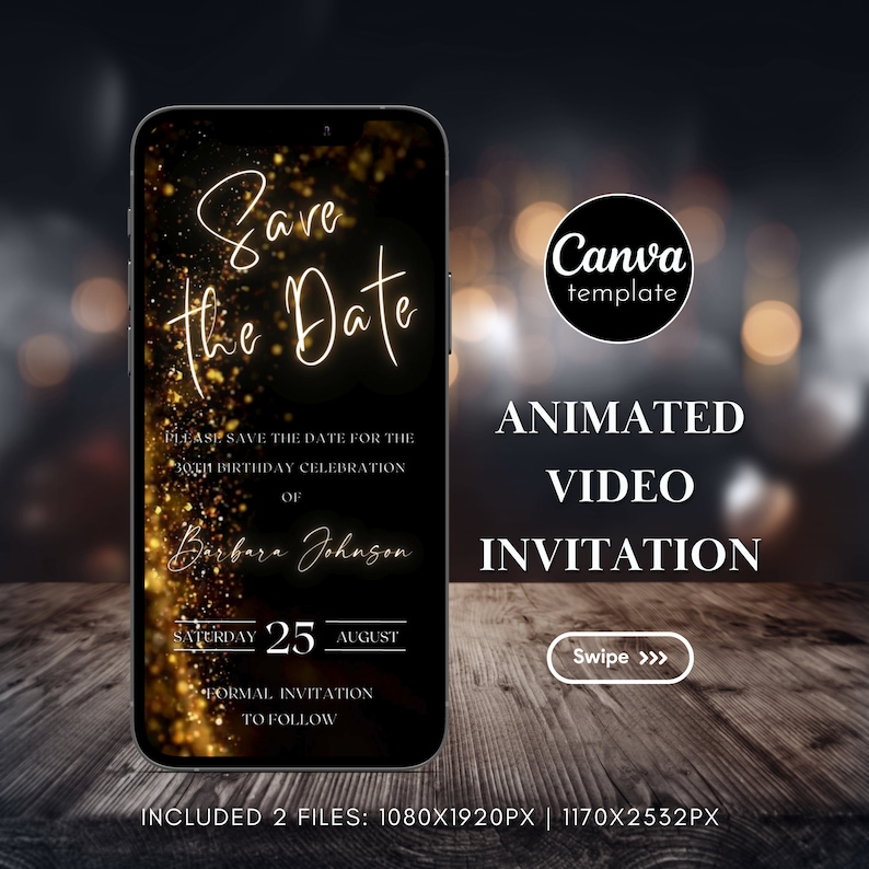 Op de afbeelding: Een zwarte en gouden geanimeerde video-uitnodigingstemplate voor een 30e verjaardagsfeest. De tekst luidt "Save the Date" met een gouden glitterachtergrond. De uitnodiging bevat de datum, "zaterdag 25 augustus", en de naam "Barbara Johnson".