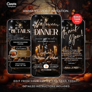 May include: Animated video invitation for a Halloween dinner party. The invitation features a black and gold design with a skull, candles, and pumpkins. The text on the invitation reads "Halloween Dinner" and "Please join us for a Halloween party." The invitation also includes the date, time, and location of the party.