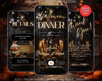 May include: Animated video invitation for a Halloween dinner party. The invitation features a black and gold design with a skull, candles, and pumpkins. The text on the invitation reads "Halloween Dinner" and "Please join us for a Halloween party." The invitation also includes the date, time, and location of the party.