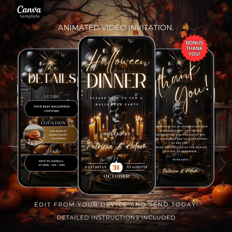 May include: Animated video invitation for a Halloween dinner party. The invitation features a black and gold design with a skull, candles, and pumpkins. The text on the invitation reads "Halloween Dinner" and "Please join us for a Halloween party." The invitation also includes the date, time, and location of the party.