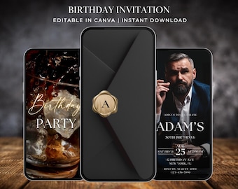 Invitación digital de cumpleaños para hombre, invitación para hombre con foto, invitación animada, plantilla editable para móvil para fiesta de cumpleaños 611