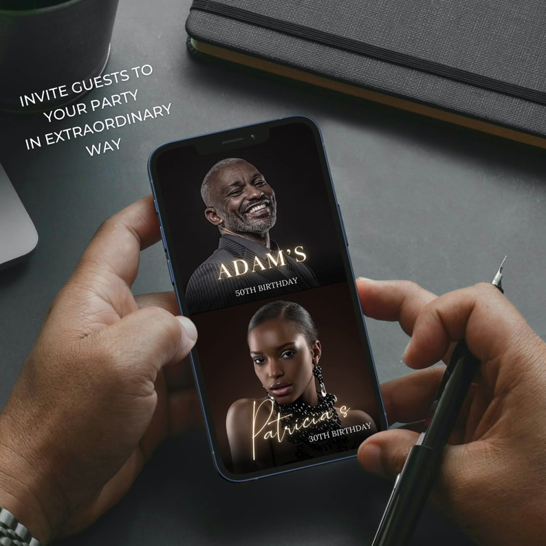May include: A smartphone screen displaying two birthday invitations. The top invitation is for Adam's 50th birthday and features a photo of a man with a beard and a smile. The bottom invitation is for Patricia's 30th birthday and features a photo of a woman with dark hair and a serious expression.