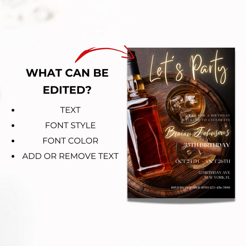 Puede incluir: Una invitaci&oacute;n de fiesta de cumplea&ntilde;os marr&oacute;n y dorada con una botella de whisky y un vaso sobre un fondo de barril de madera. El texto dice "Let's Party" y "Braian Johnson's 35th Birthday".