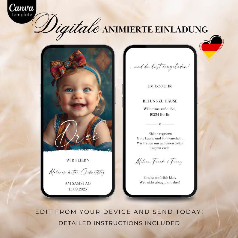 May include: A digital invitation for a child's third birthday party. The invitation features a photo of a young girl with a red bow in her hair. The text on the invitation reads "Digitale Animierte Einladung" and "Wir feiern Malenes dritter Geburtstag am Samstag 15.09.2025".