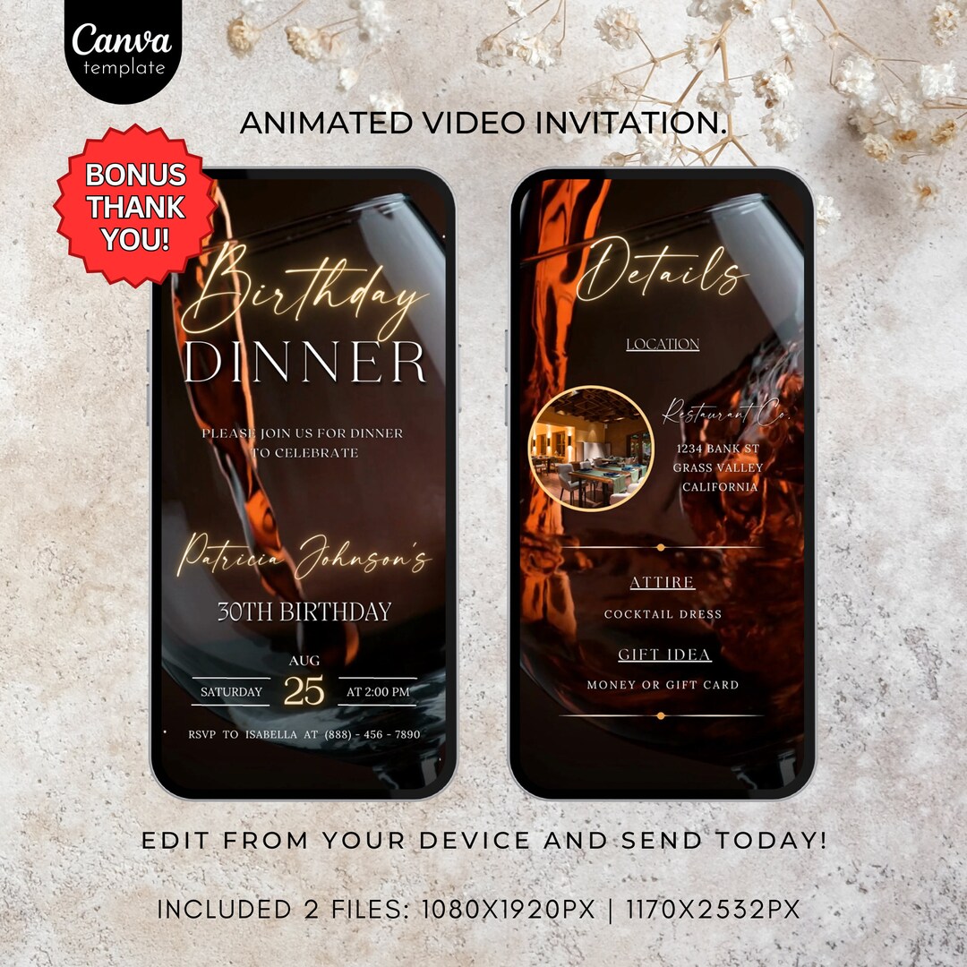 Animated Birthday Dinner Video Invitation Digital Birthday Party