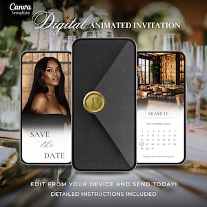 May include: A digital animated invitation template with a black background and gold accents. The template features a calendar with the month of September 2025 highlighted, a wax seal with the letter "P" on it, and a photo of a woman. The text "SAVE THE DATE" is displayed on the template.