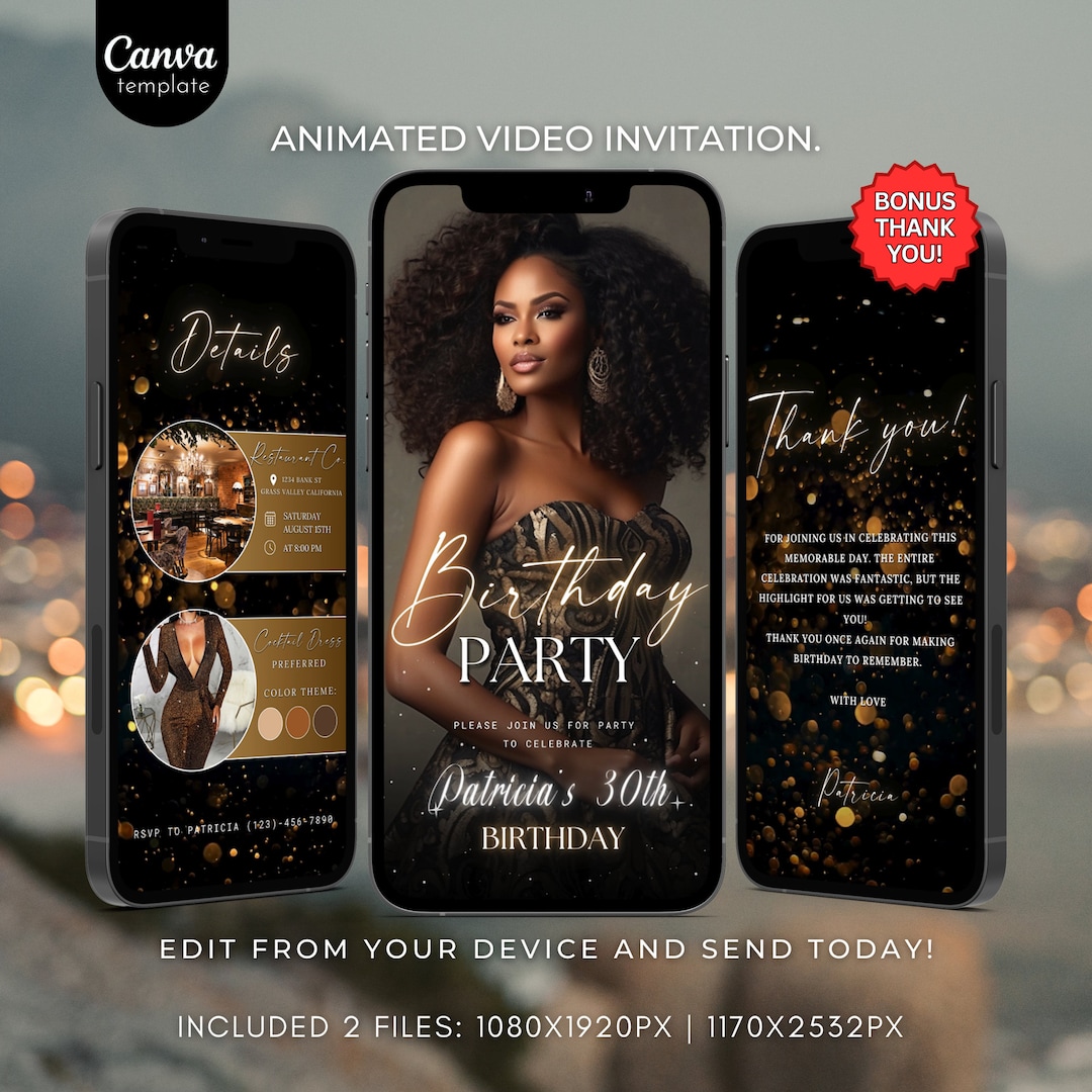 Editable Birthday Invitation Template Black and Gold Birthday Invite ...