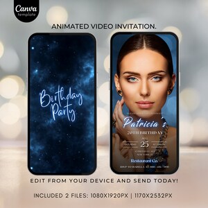 Birthday Invitation Template Editable Blue Birthday invite for girls Birthday party Invitation with photo Animated Video Invite 403