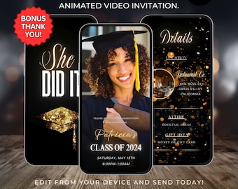 Digital Black and Gold Graduation Party Invitation 2024,  Class of 2024 invite, Editable Template, Instant Download Animated video invite