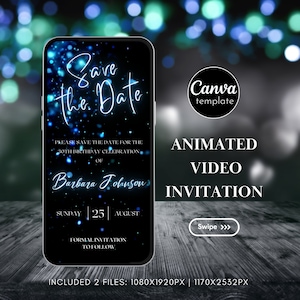 Digital Black Blue Neon Save the Date Animated Video Invitation for Woman Minimalist Save The Date Blue Glitter Editable Template 37