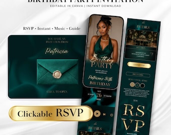 Invito di compleanno verde smeraldo, modello RSVP modificabile su Canva, invito di compleanno di lusso, invito online