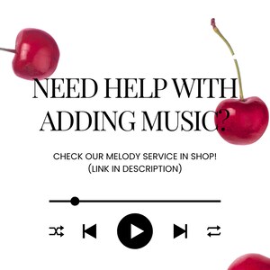 Puede incluir: Fondo blanco con dos cerezas rojas brillantes y gr&aacute;ficos relacionados con la m&uacute;sica. El texto dice "NEED HELP WITH ADDING MUSIC?" y "CHECK OUR MELODY SERVICE IN SHOP! (LINK IN DESCRIPTION)". Tambi&eacute;n hay un gr&aacute;fico de reproductor de m&uacute;sica.