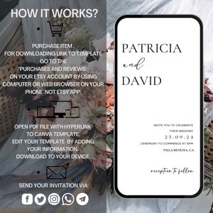 May include: A digital wedding invitation template with a floral background. The template features the names Patricia and David, the wedding date 25.09.24, and the location Villa Benezial, CA. The text "reception to follow" is also included.