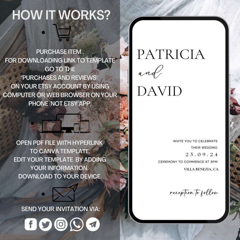 May include: A digital wedding invitation template with a floral background. The template features the names Patricia and David, the wedding date 25.09.24, and the location Villa Benezial, CA. The text "reception to follow" is also included.