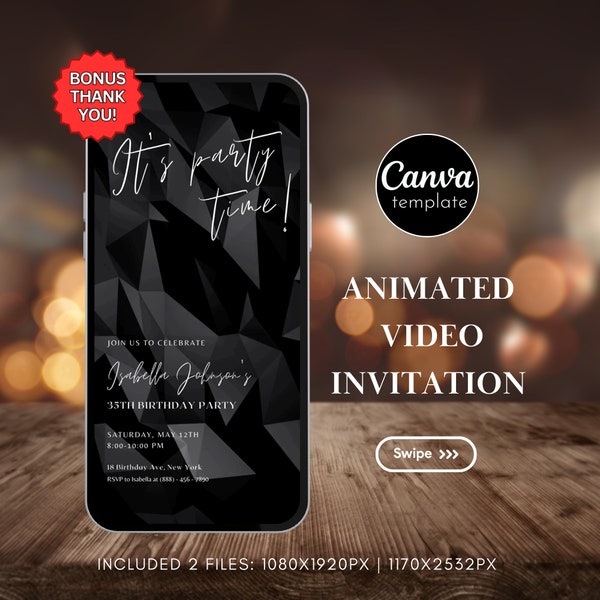 Editable Black and White Birthday Invitation Template Digital Minimalist Invite Animated Invitation Video Birthday Party Evite 66