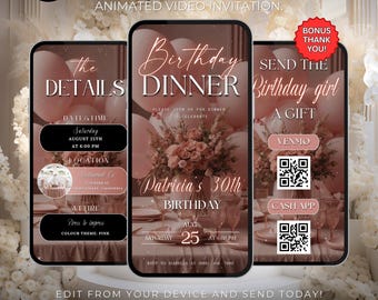 Digital Birthday Dinner invitation template, Birthday Dinner, Digital Birthday Party Invite, Editable Template, Text evite, Animated invite