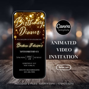 Digital Gold Glitter Birthday Party Invitation Video Invitation Birthday Dinner Invite Instant Download Canva Template Any Age Invite 16