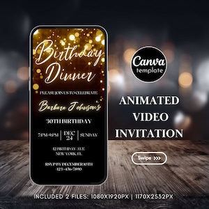 Digital Gold Glitter Birthday Party Invitation Video Invitation Birthday Dinner Invite Instant Download Canva Template Any Age Invite 16