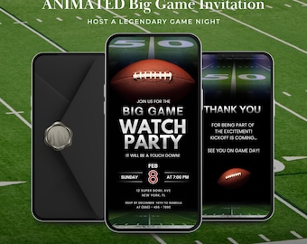 Geanimeerde Big Game-uitnodiging, Football Watch Party Evite, bewerkbare Game Day digitale uitnodiging, Canva-sjabloon, Instant Download
