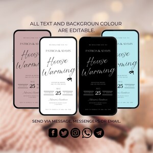 May include: Three mobile phone screens with a housewarming party invitation. The invitation is for Patricia & Adams, and the party is on Saturday, August 25th at 2:00 PM. The invitation includes the text "House Warming" in a cursive font. The screens are in pink, white, and blue.