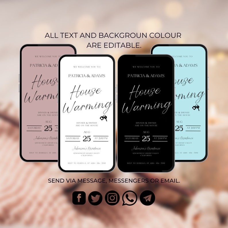 May include: Three mobile phone screens with a housewarming party invitation. The invitation is for Patricia & Adams, and the party is on Saturday, August 25th at 2:00 PM. The invitation includes the text "House Warming" in a cursive font. The screens are in pink, white, and blue.