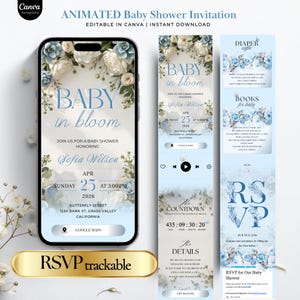 Può includere: Modello di invito animato per baby shower su smartphone, con design floreali e il testo "BABY in bloom". Include i dettagli dell'evento, le informazioni RSVP e un timer per il conto alla rovescia. L'invito è modificabile e scaricabile istantaneamente.