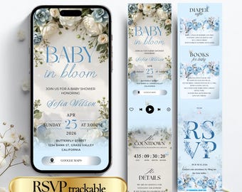 Invitación animada para baby shower de niño con respuesta de seguimiento, plantilla Canva "Bebé azul en flor", invitación digital editable