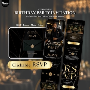 Op de afbeelding: Een digitaal verjaardagsfeest uitnodigingssjabloon met een zwart en goud kleurenschema. Het ontwerp bevat een klikbare RSVP-knop, evenementdetails en een fotoplaatsaanduiding. Tekst bevat "BIRTHDAY PARTY INVITATION" en "RSVP".