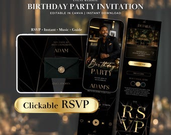 Invito per la festa di compleanno di un uomo tramite sito web, invito digitale nero e oro con conferma di partecipazione, modello Canva di lusso.