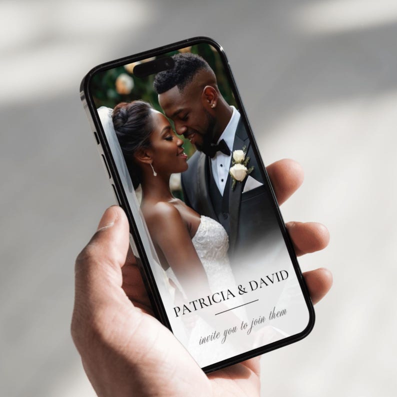May include: A smartphone screen displaying a wedding invitation with a photo of a bride and groom. The text reads "Patricia & David invite you to join them".