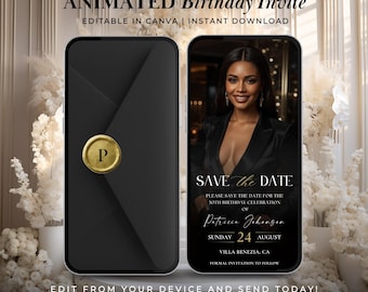 Elegant Birthday Save the Date Invitation Video for Women Black and Gold Canva Template Editable Digital Party Card with Photo