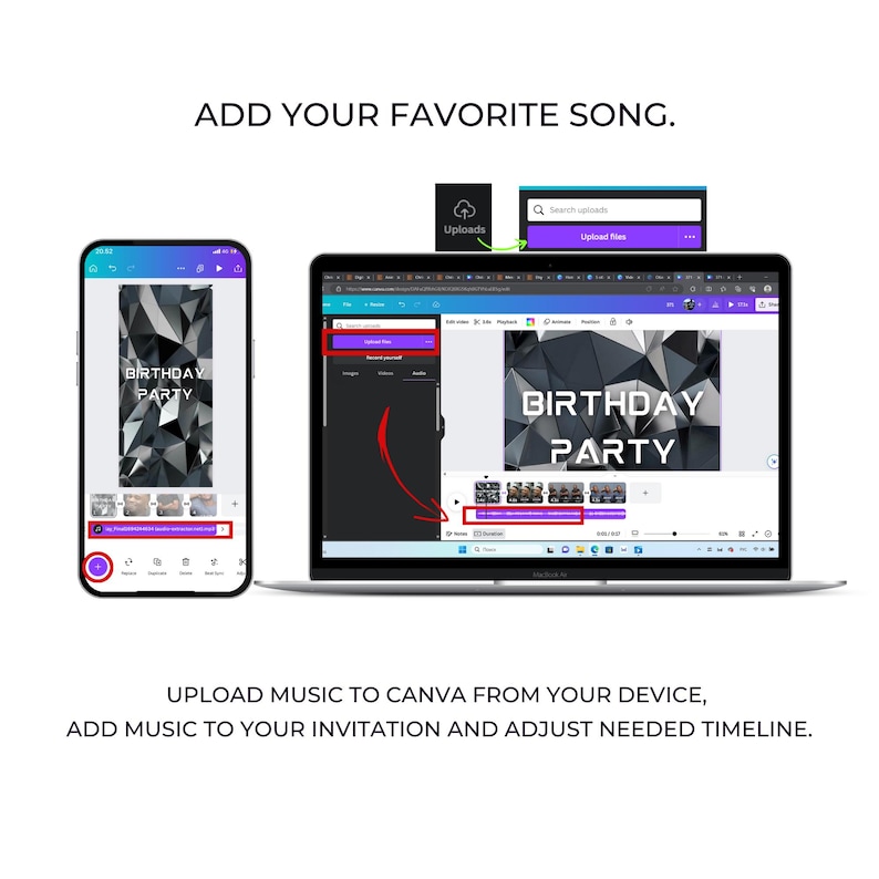 May include: A screenshot of a computer screen showing a Canva design template for a birthday party invitation. The template features a black and gray geometric design with the text "Birthday Party". The image shows how to add music to the invitation using the Canva app.