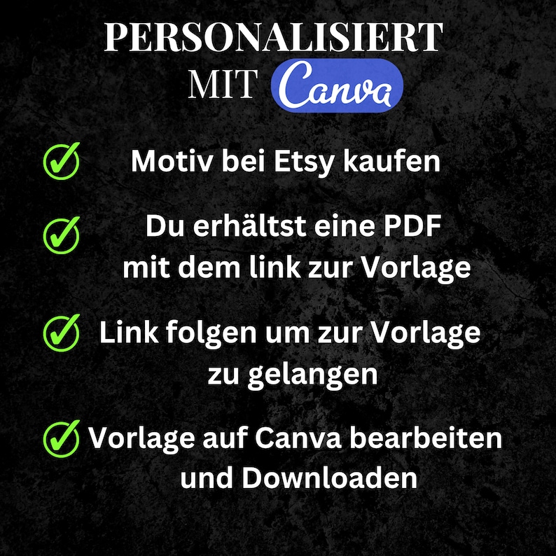 Puede incluir: Una marca de verificaci&oacute;n verde junto a cada paso de un proceso de cuatro pasos para personalizar un dise&ntilde;o usando Canva. Los pasos son: 1. Comprar el dise&ntilde;o en Etsy, 2. Recibir un PDF con un enlace a la plantilla, 3. Seguir el enlace para acceder a la plantilla, y 4. Editar y descargar la plantilla en Canva.
