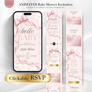 Könnte beinhalten: Animierte Babyparty-Einladung auf einem Smartphone, mit rosa Schleife und den Worten "hello BABY". Zusätzliche Panels zeigen Eventdetails, einschließlich RSVP-Informationen und einen Countdown. Bearbeitbar in Canva und sofortiger Download.