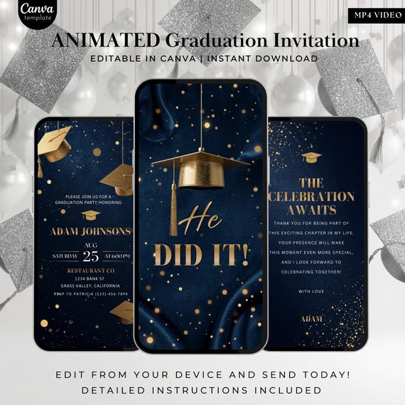 He Did It Graduation Invitation Template 2026, Animated Graduation Evite, Editable Canva Grad Party Invite, Navy Blue Gold Grad Invite