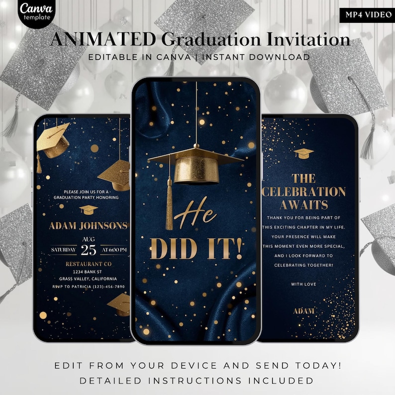 He Did It Graduation Invitation Template 2026, Animated Graduation Evite, Editable Canva Grad Party Invite, Navy Blue Gold Grad Invite bild 1