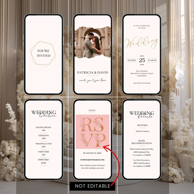 Pode incluir: Um conjunto de convites de casamento em rosa e dourado. O convite inclui uma foto do casal, uma linha do tempo do casamento, informa&ccedil;&otilde;es de RSVP e detalhes sobre a recep&ccedil;&atilde;o do casamento. O texto do convite diz "Voc&ecirc; est&aacute; convidado", "Patricia & David", "Cronograma do casamento", "Por favor, responda", "Detalhes do casamento", "Villa Benezia", "S&aacute;bado, 25 de agosto &agrave;s 14:00", "In&iacute;cio do assento 13:00", "Cerim&ocirc;nia 14:00", "Almo&ccedil;o de casamento 15:00", "Hora da festa 16:30", "Fogo de artif&iacute;cio 20:00", "At&eacute; 14 de agosto de 2024", "Patricia & David@mail.com", "Registros Target & Amazon", "Recomenda&ccedil;&otilde;es de hot&eacute;is", "Hilton Garden Inn Marina Del Rey", "4200 Admiralty Way, Los Angeles, CA 90292", "Ace Hotel Downtown", "929 South Broadway, Los Angeles, CA 90001".