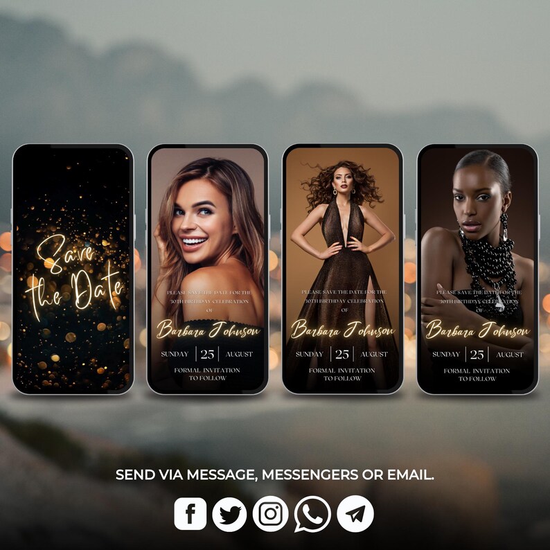 May include: Four mobile phone screens with a black background and gold accents. The screens display a save the date invitation for a birthday celebration. The text on the screens reads "Save the Date" and "Barbara Johnson". The date of the celebration is Sunday, August 25th.