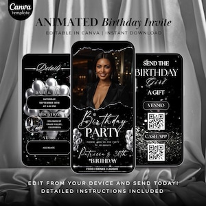 以下が含まれることがあります： 3つのスマートフォンに表示された、アニメーション誕生日招待状テンプレート。デザインは白黒で、シルバーのアクセントが付いています。招待状には、日付、時間、場所、写真などの詳細が含まれています。テキストは「Birthday Party」と「Patricia's 30th Birthday」と書かれています。