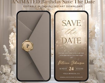 Video "Save the Date" per il compleanno, invito di compleanno animato, modello Canva color oro champagne