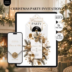 Op de afbeelding: Een digitale kerstfeestuitnodiging weergegeven op een tablet en smartphone. Het ontwerp bevat een witte envelop, gouden linten, dennentakken en kerstballen. De tekst bevat Christmas Party, Patricia & Adam, Dec 24, 2026 en Click to Play.
