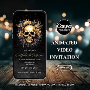 Editable Halloween Party Video Invitation for Adults Halloween Costume Party Invite Gothic Skull Animated Halloween Invitation Template 259