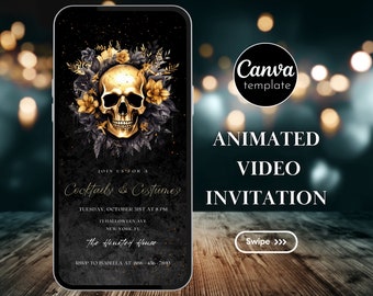 Editable Halloween Party Video Invitation for Adults Halloween Costume Party Invite Gothic Skull Animated Halloween Invitation Template 259