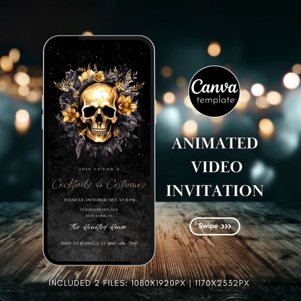 Editable Halloween Party Video Invitation for Adults Halloween Costume Party Invite Gothic Skull Animated Halloween Invitation Template 259