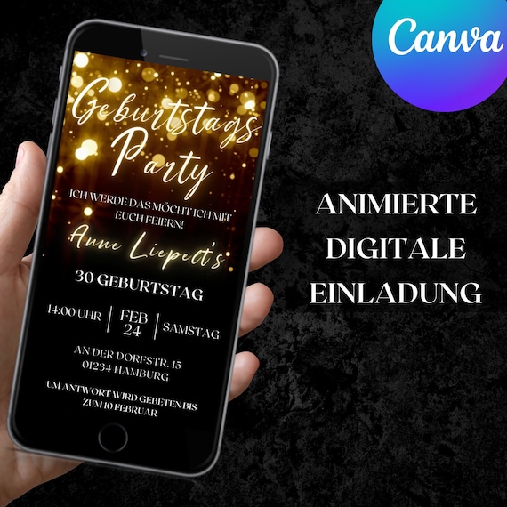 eCARD  20. 25. 30. 40. 50 Geburtstags Party Einladung| Animierte Einladungskarten| Einladungskarte digital Canva Motive Email Einladungen 21